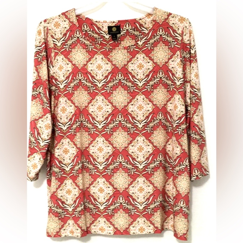 JM Collection Womens Plus Size 2X Pink Royal Combo Print 3/4 Sleeve V-Neck Top